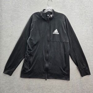 Adidas Men Track Jacket Large Black Full Zip Pocket Logo Mock Neck Long Sleeve